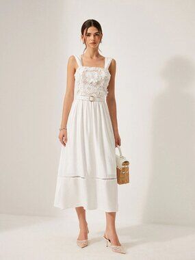 NWT Commense White Floral 3D Lace Maxi Dress